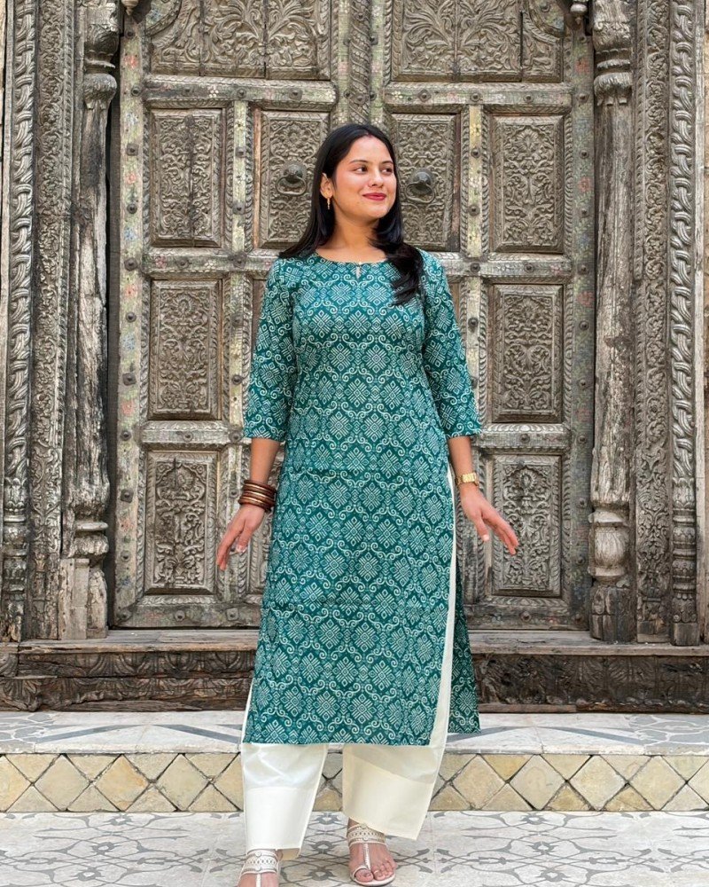 TEAL BANDHANI MOTIF LONG STRAIGHT KURTI