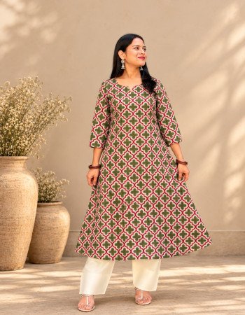 WHITE GREEN MOTIF A LINE KURTI