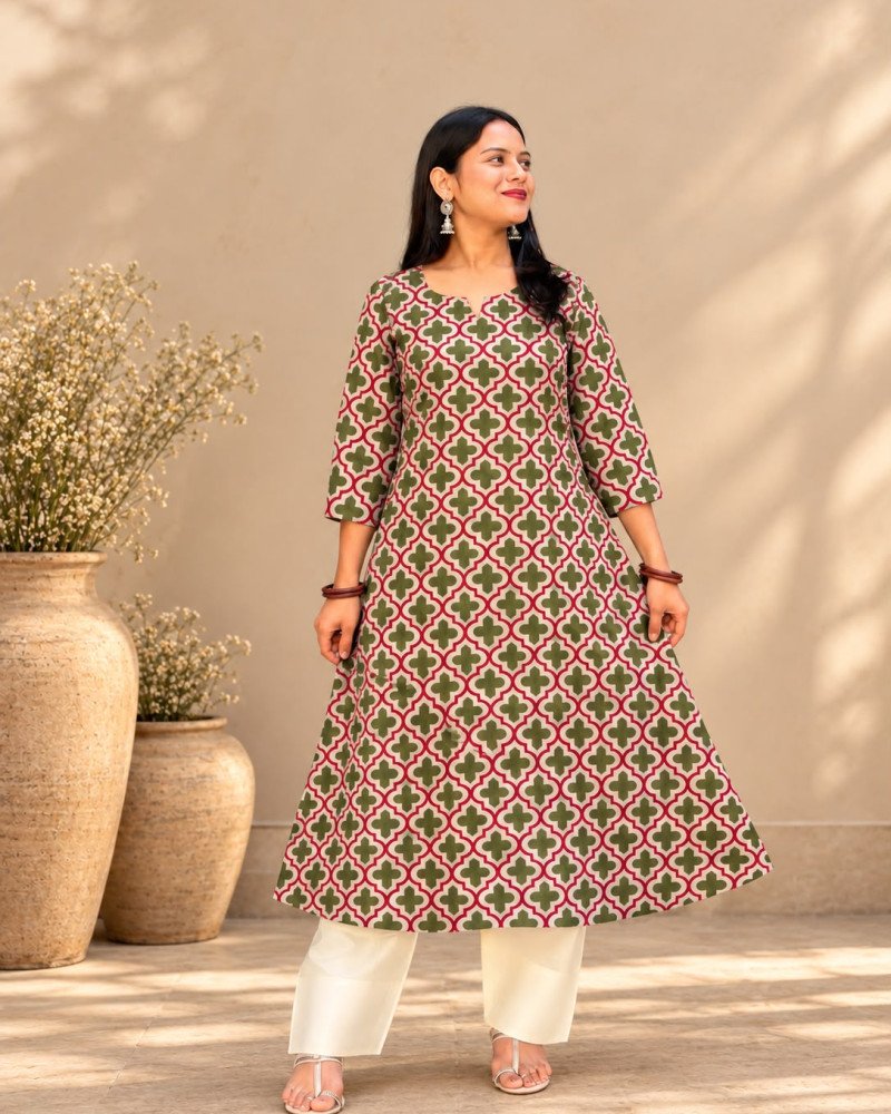 WHITE GREEN MOTIF A LINE KURTI