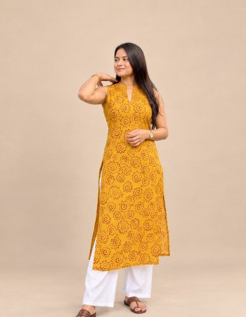 MUSTARD RED HANDBLOCK LONG STRAIGHT KURTI