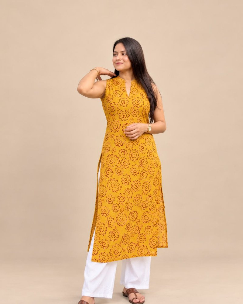 MUSTARD RED HANDBLOCK LONG STRAIGHT KURTI