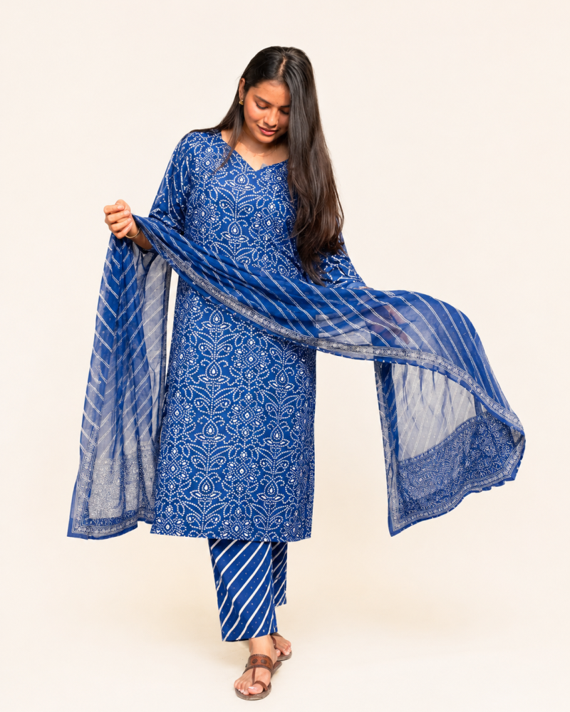 BLUE BANDHEJ SUIT SET