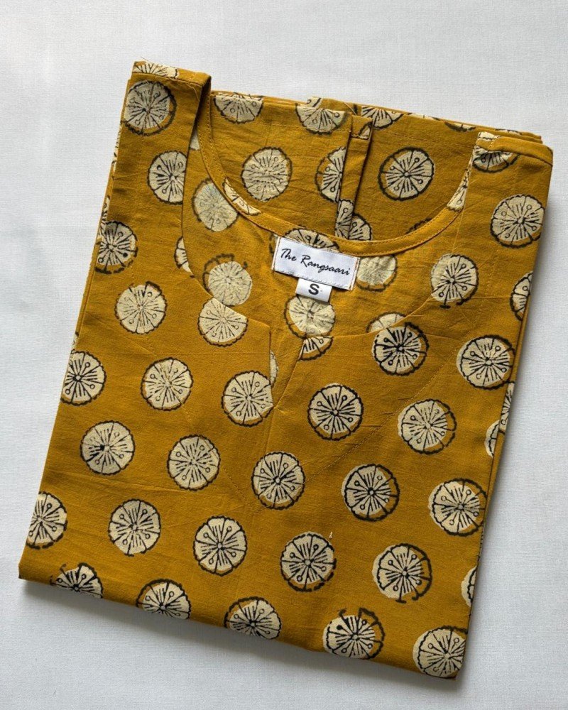 MUSTARD MOTIF BAGRU HANDBLOCK LONG STRAIGHT KURTI