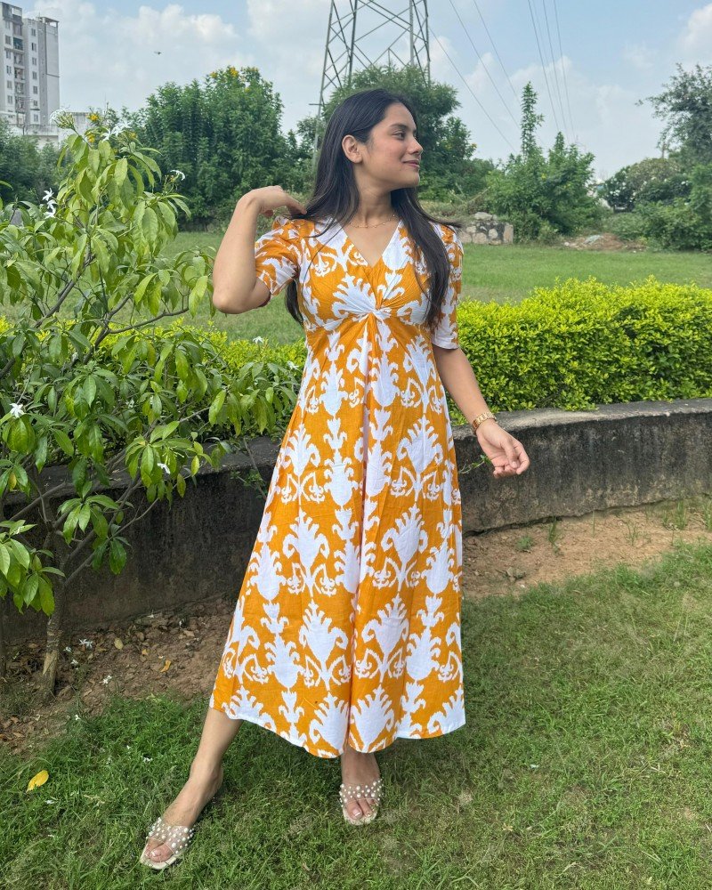 YELLOW FLOWER BOOTA ROSE DRESS