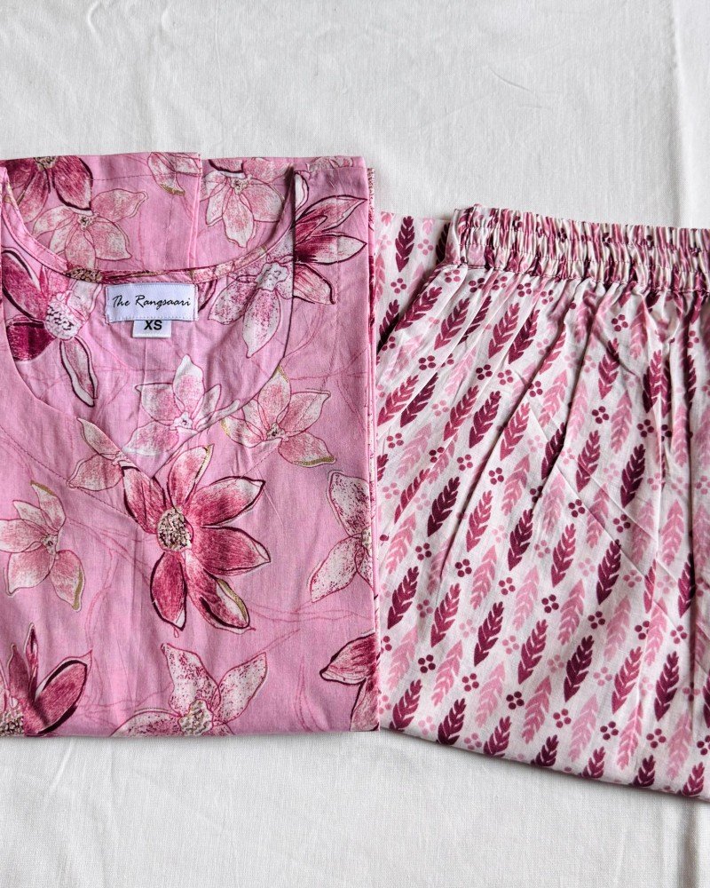 PINK MOTIF GOLDEN FOIL KURTA BOTTOM SET
