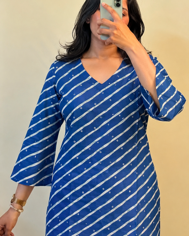 BLUE LEHERIYA SHORT STRAIGHT KURTI