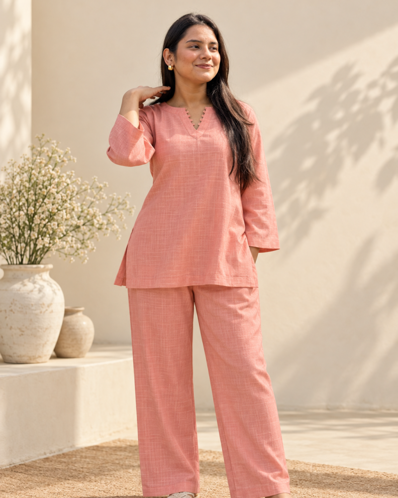 PINK SOLID SLUB CO-ORD SET