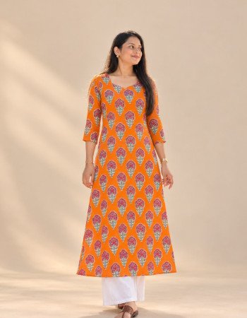 ORANGE FLOWER CHANDERI  A LINE KURTI