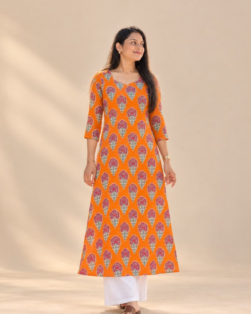 ORANGE FLOWER CHANDERI  A LINE KURTI