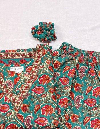 GREEN ORANGE FLORAL  KURTA BOTTOM SET