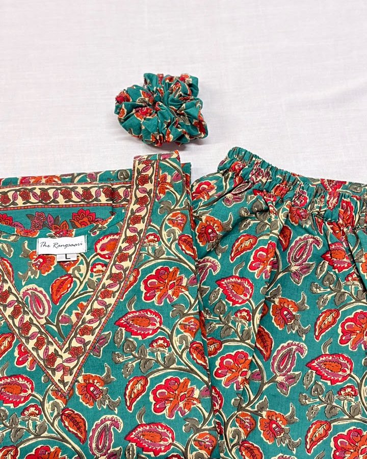 GREEN ORANGE FLORAL  KURTA BOTTOM SET