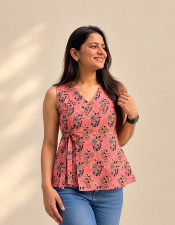 PINK BLUE CHANDERI KNOT TOP