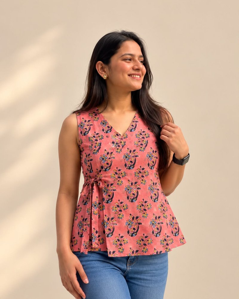 PINK BLUE CHANDERI KNOT TOP