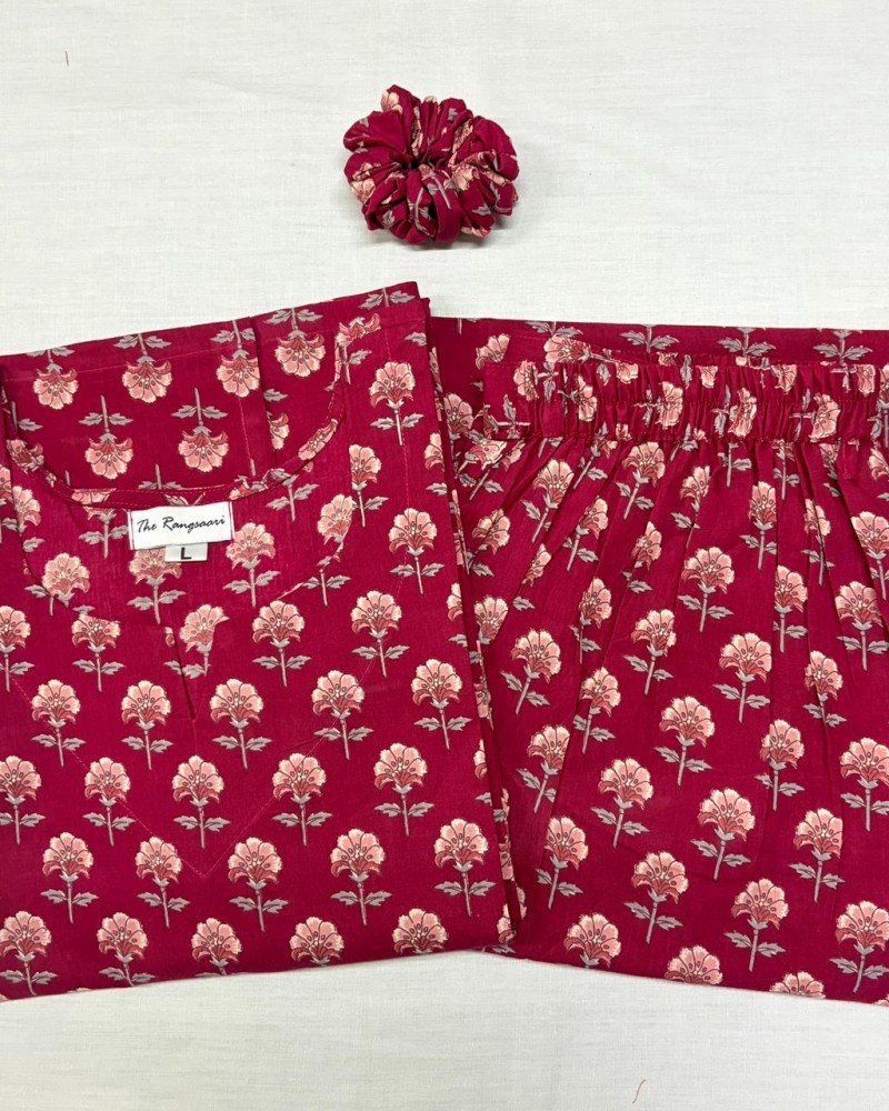PINK FLOWER MOTIF KURTA BOTTOM SET