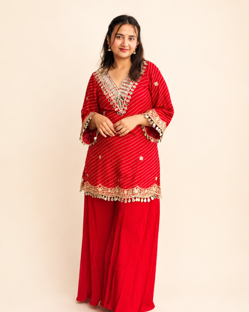RED LEHERIYA SHARARA SUIT SET
