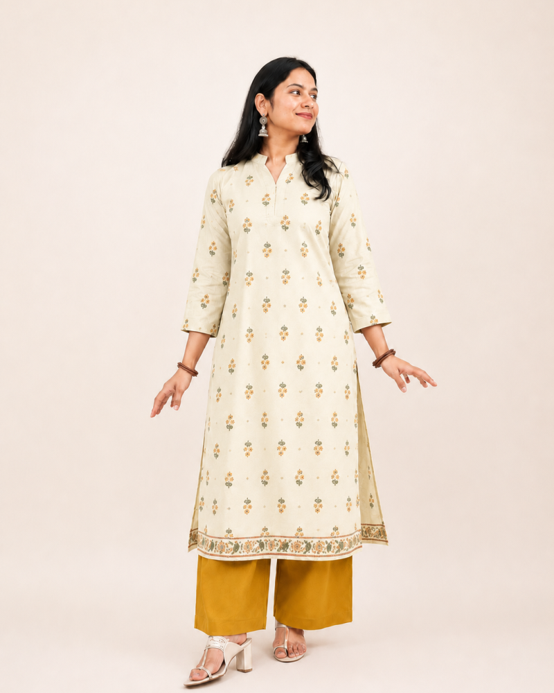 OFF WHITE YELLOW KURTA BOTTOM SET