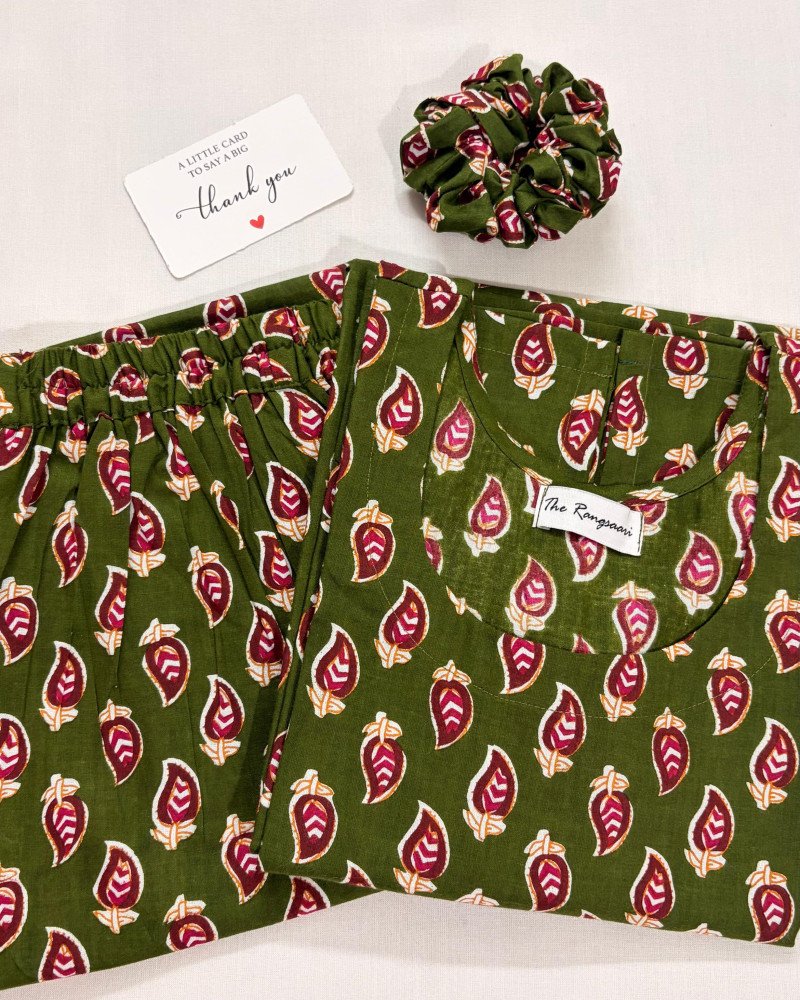 DARK GREEN MOTIF KIDS KURTA PANT SET