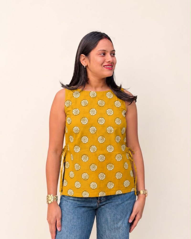 MUSTARD MOTIF BAGRU HANDBLOCK PIHU TOP