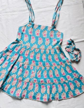BLUE FLORAL MOTIFS KIDS TIE KNOT SLEEVE FROCK