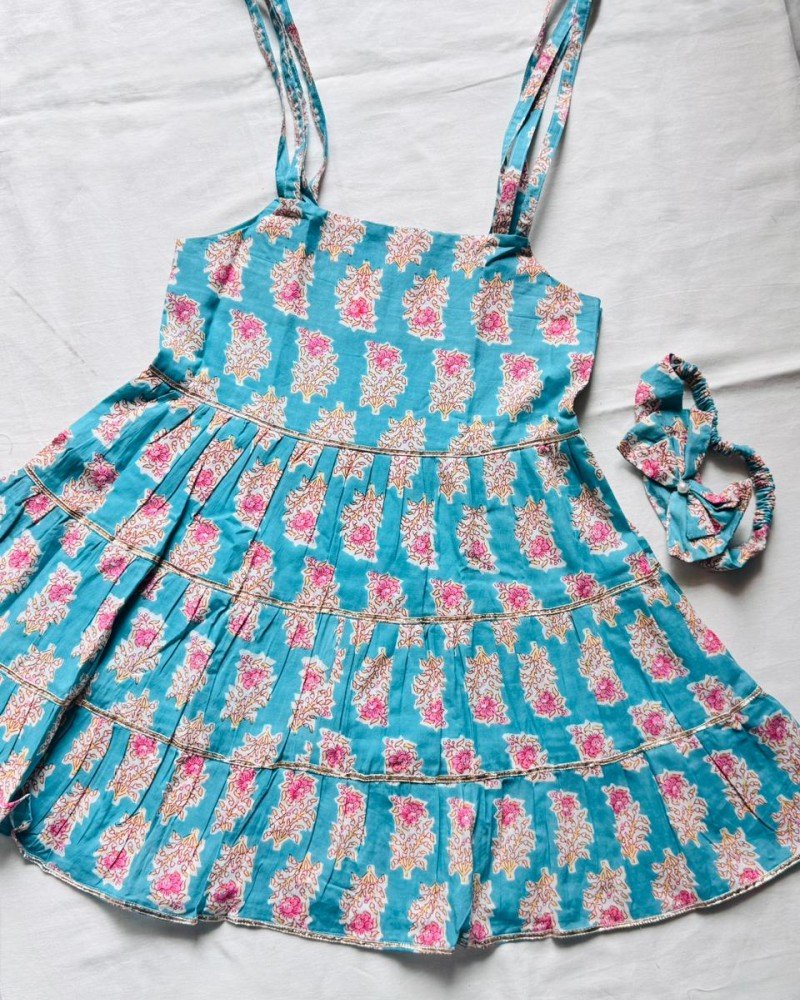BLUE FLORAL MOTIFS KIDS TIE KNOT SLEEVE FROCK