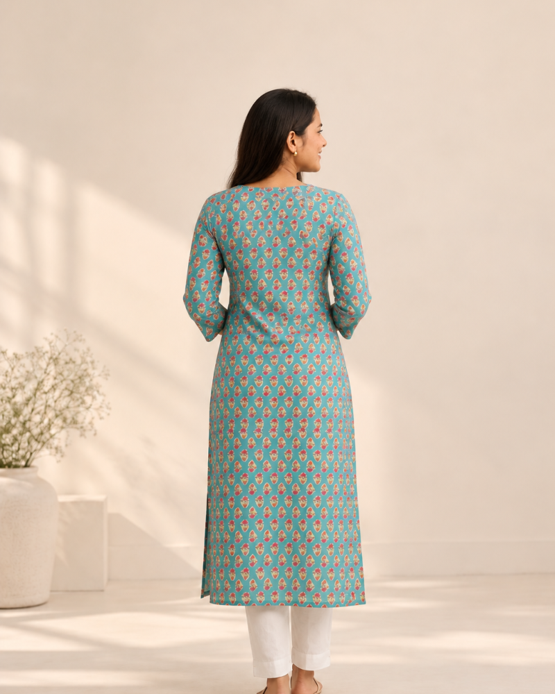 BLUE PINK LONG STRAIGHT KURTI