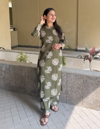 OLIVE GREEN FLOWER MOTIF KURTA BOTTOM SET