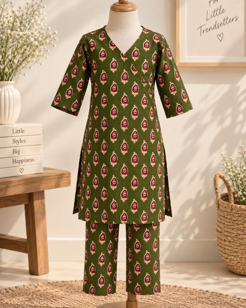 DARK GREEN MOTIF KIDS KURTA PANT SET