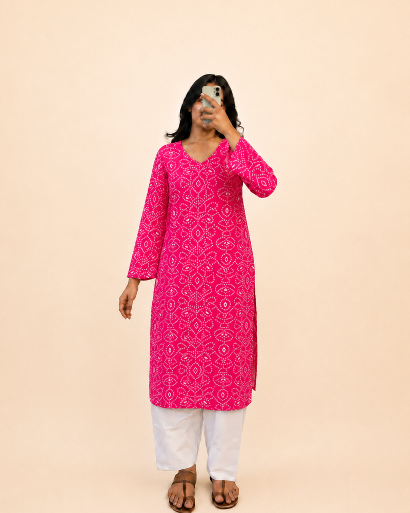 PINK BANDHEJ LONG STRAIGHT KURTI