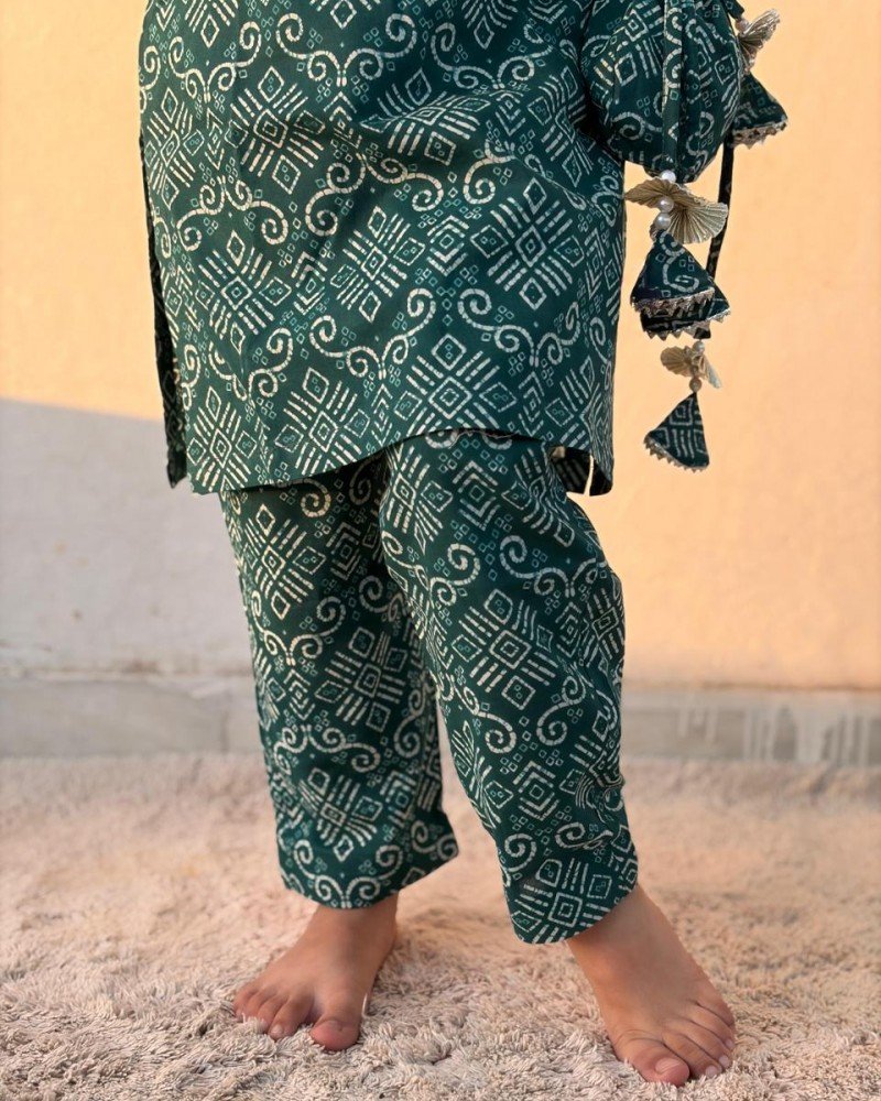 TEAL BANDHANI MOTIF KIDS KURTA PANT SET