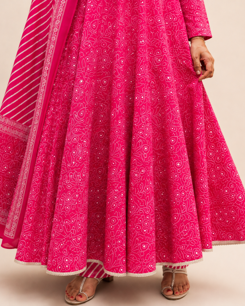PINK BANDHEJ UMBRELLA GHER KURTI