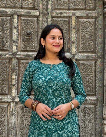TEAL BANDHANI MOTIF LONG STRAIGHT KURTI