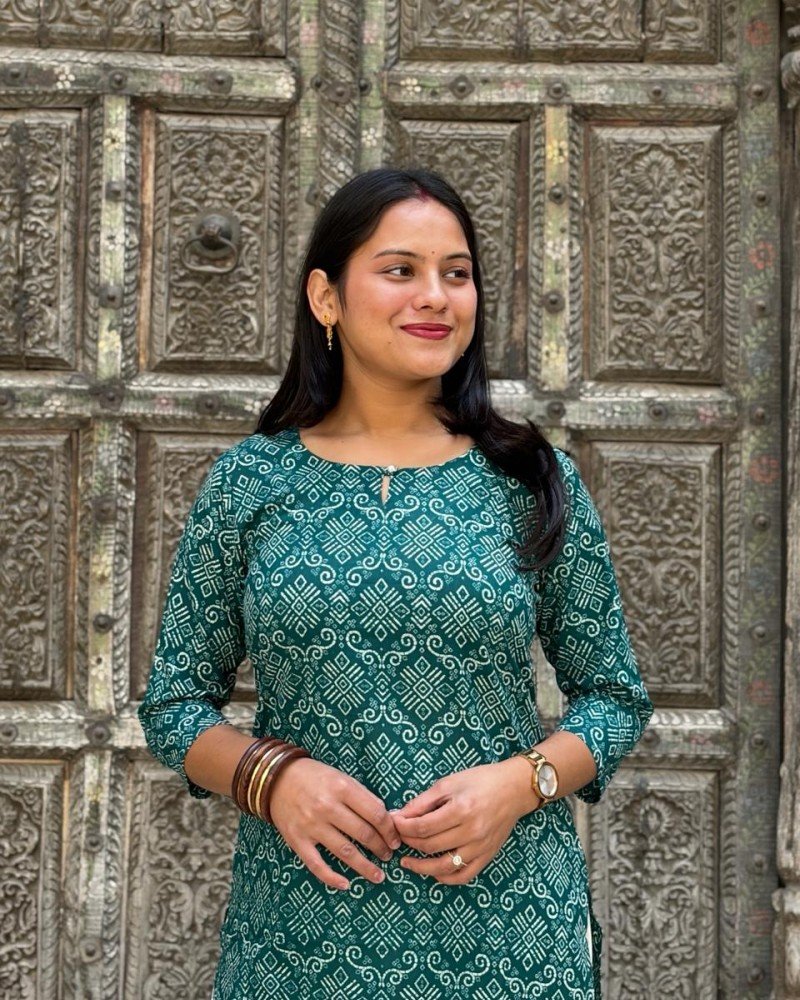 TEAL BANDHANI MOTIF LONG STRAIGHT KURTI