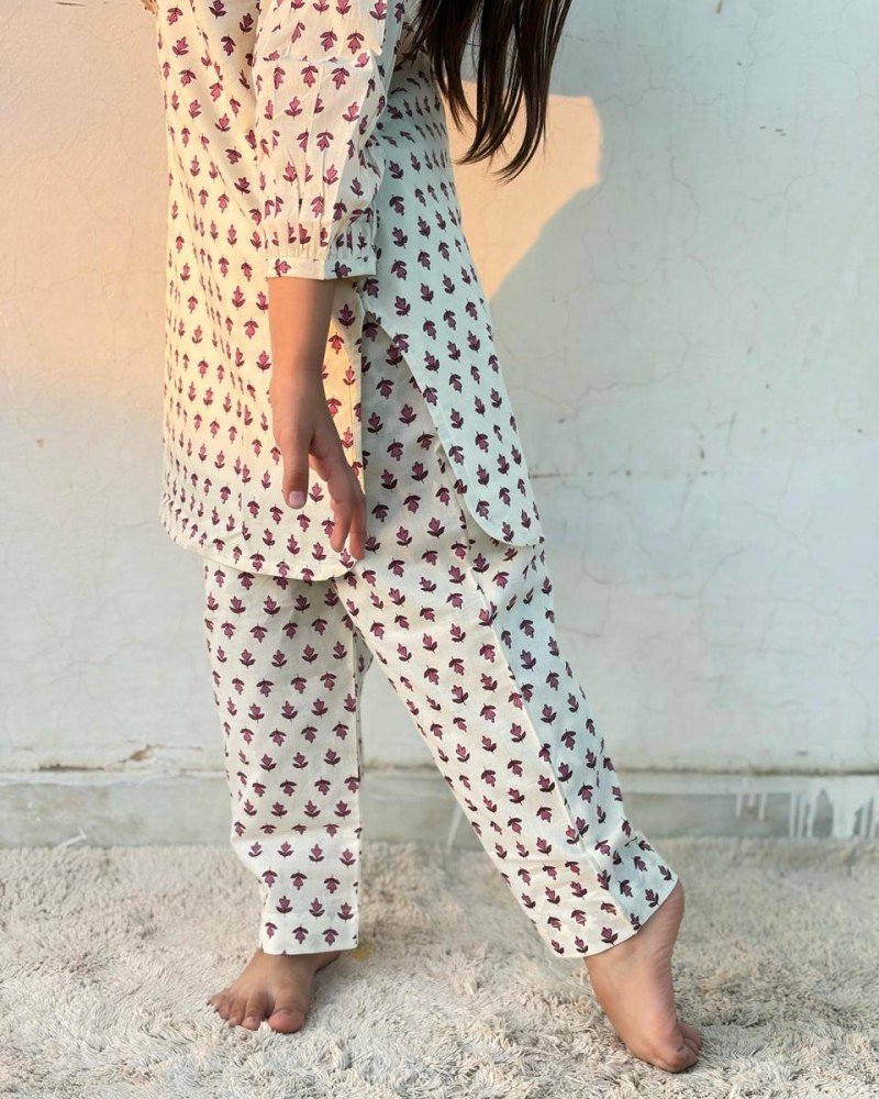 WHITE PURPLE LITTLE MOTIFS KIDS CO-ORD SET 