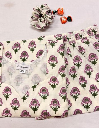 WHITE PINK FLOWER KURTA BOTTOM SET
