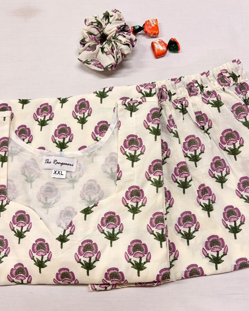 WHITE PINK FLOWER KURTA BOTTOM SET