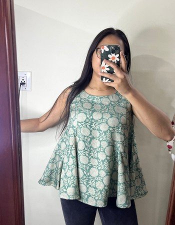 GREEN FLORAL CHANDERI SILK PRINCESS CUT TOP
