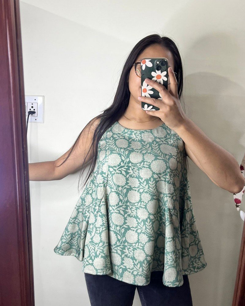 GREEN FLORAL CHANDERI SILK PRINCESS CUT TOP