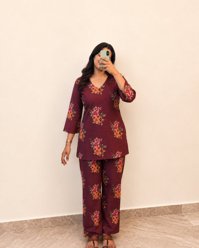 DARK MAROON FLOWER NIGHT SET