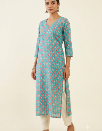 BLUE PINK LONG STRAIGHT KURTI