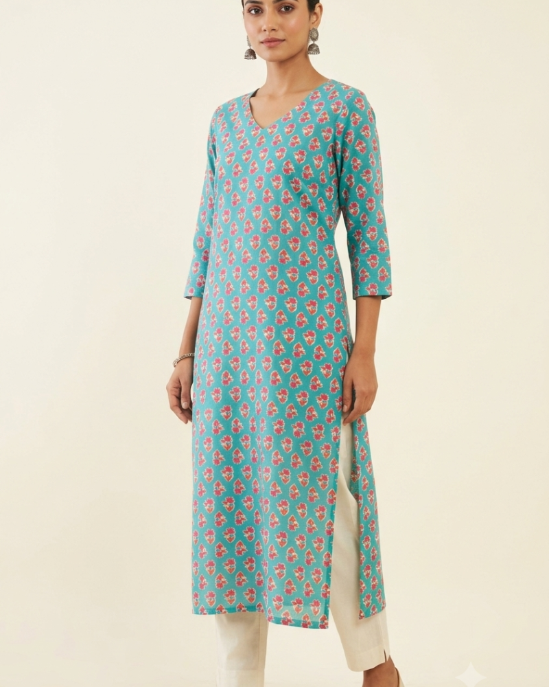 BLUE PINK LONG STRAIGHT KURTI
