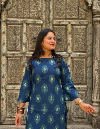 DARK BLUE MOTIFS LONG STRAIGHT KURTI