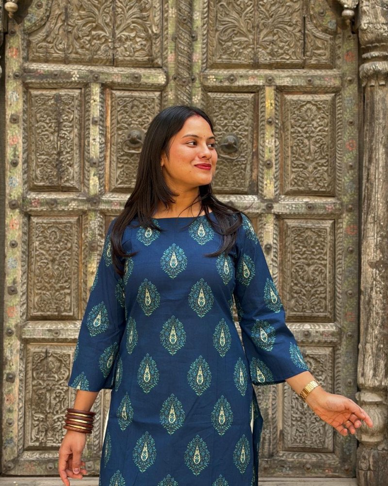 DARK BLUE MOTIFS LONG STRAIGHT KURTI