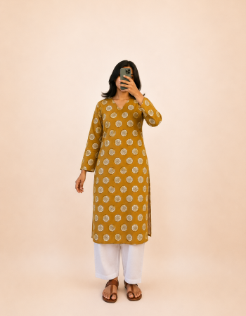 MUSTARD MOTIF BAGRU HANDBLOCK LONG STRAIGHT KURTI