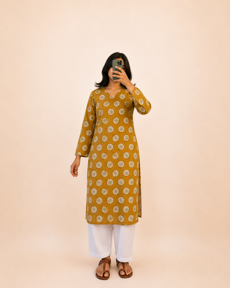 MUSTARD MOTIF BAGRU HANDBLOCK LONG STRAIGHT KURTI