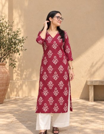 MAGENTA MOTIF LONG STRAIGHT KURTI
