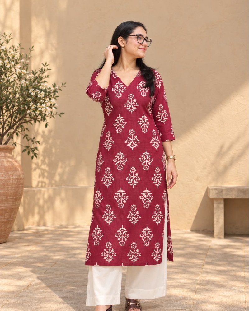 MAGENTA MOTIF LONG STRAIGHT KURTI