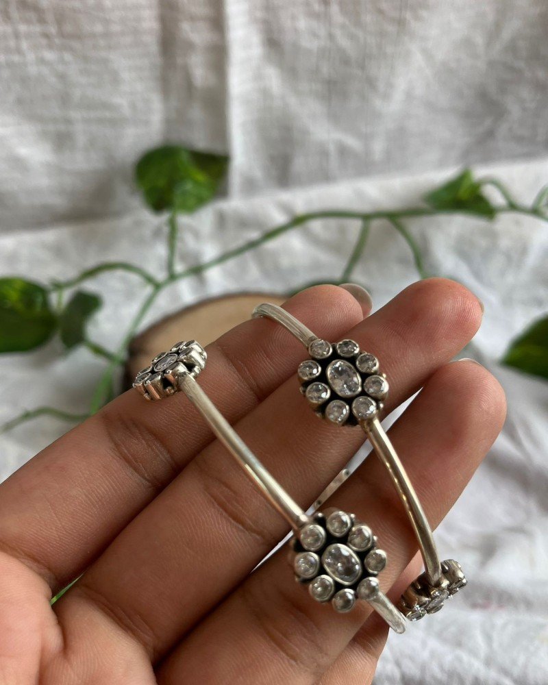 925 HALLMARKED SILVER STONE BANGLES (SET OF2)