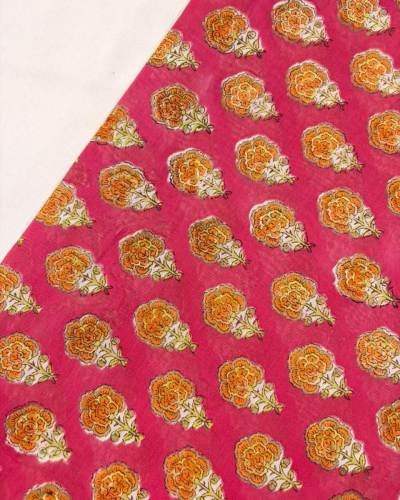 PINK ORANGE FLOWER CHANDERI  A LINE KURTI