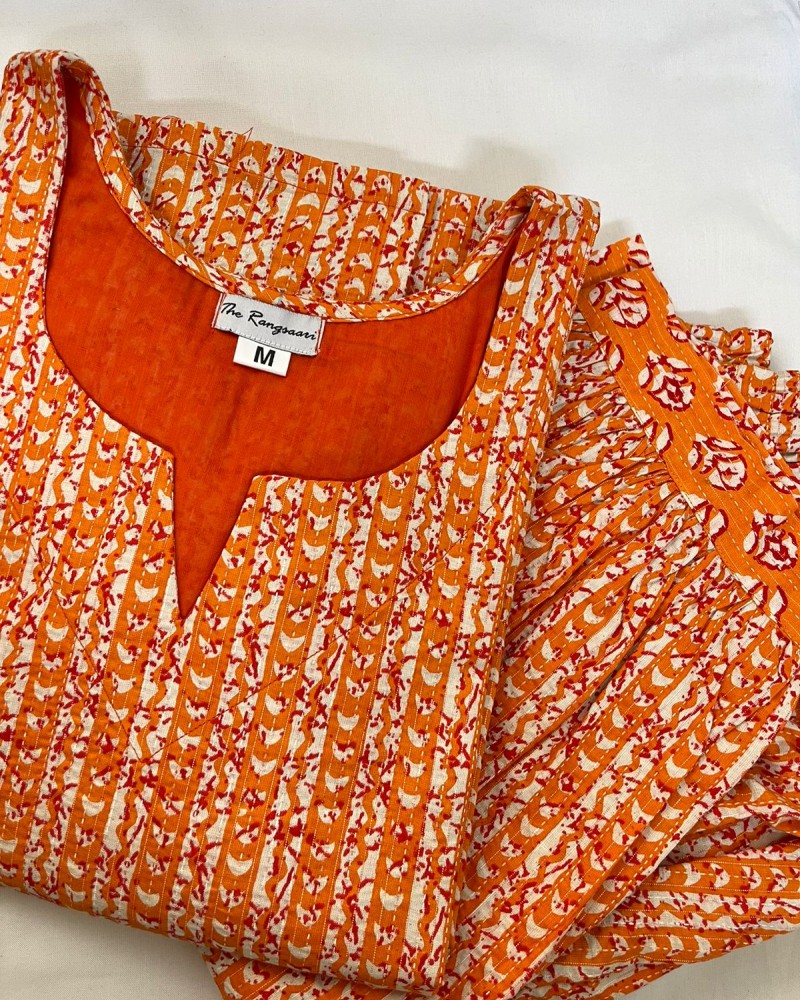 ORANGE LINES KANTHA KURTA BOTTOM SET