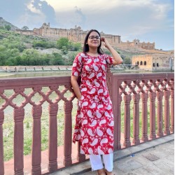 RED PAISLEY PRINT KANTHA LONG STRAIGHT KURTI